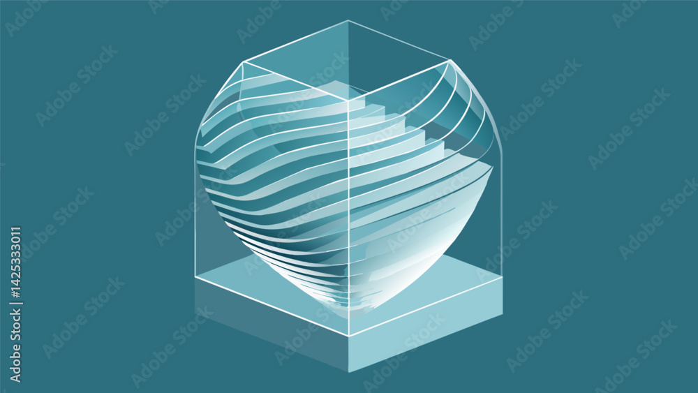 Poster a minimalistic sculpture made of clear plexiglass with intricate ridges and indentations that reflec