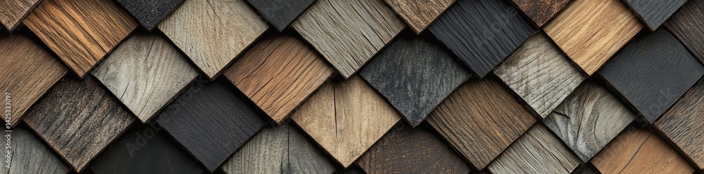 Poster a close-up view of a textured wooden wall featuring a variety of colored shingles arranged in an art