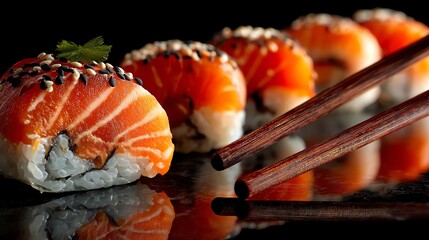 Salmon Sushi Rolls with Chopsticks Close-up on Reflective Black Surface