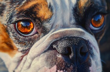 Lifelike close-up of a bulldog with strong build, glossy coat, and clever amber eyes