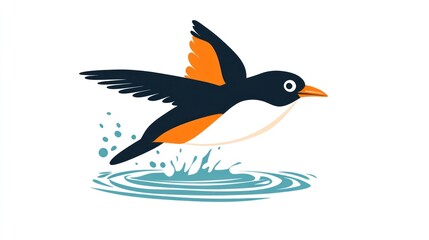 A stylized bird taking flight, splashing down on water