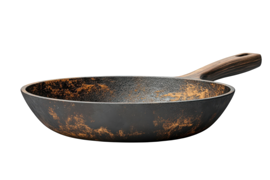Elegant rustic style frying pan with a wooden handle showcasing a unique dark gray and gold speckled finish against a black on transparent background