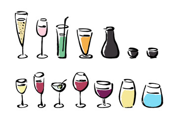 筆タッチのお酒の手描きイラストセット