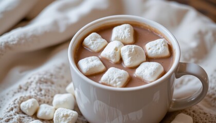 Close up of rich cocoa in a white cup, overflowing marshmallows and sprinkled cocoa powder