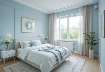 Fototapeta premium Serene Blue Bedroom: Minimalist Design, Soft Textiles, Natural Light