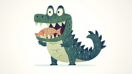 Fototapeta premium Cute cartoon crocodile holding fish