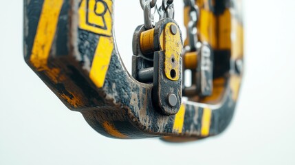Close-up macro shot of heavy-duty crane hook mechanism, intricate mechanical details and safety latch visible, industrial yellow and black caution stripes freshly painted, floating composition on