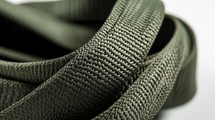 Close-up of premium lifting sling material carefully wound, olive green heavyweight synthetic webbing with load capacity markings, intricate cross-stitch reinforcement detail, pure white environment