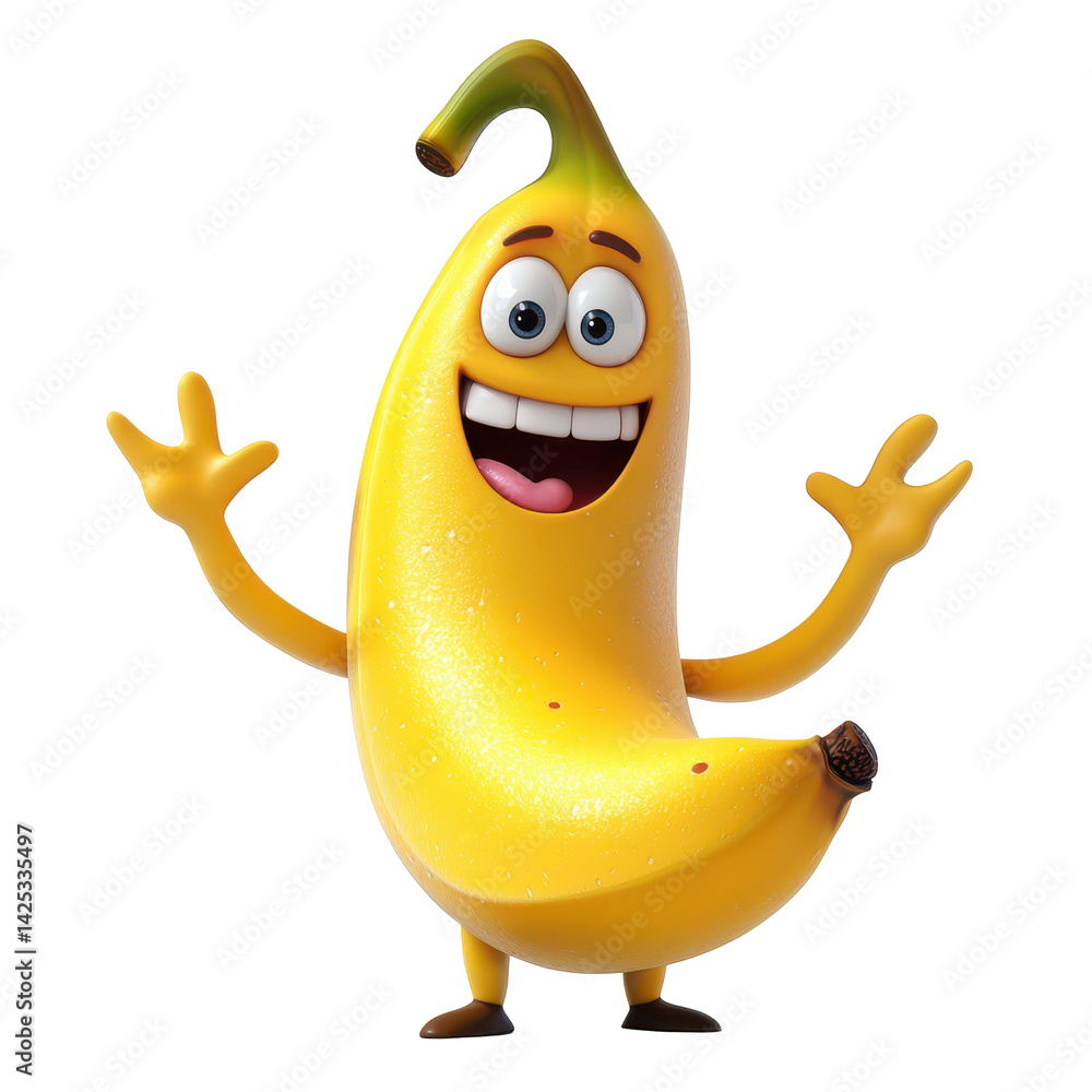 Poster cheerful cartoon banana character with animated features expressing happiness and excitement in a pl