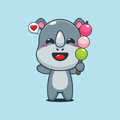 Cute rhino cartoon vector illustration eating dango