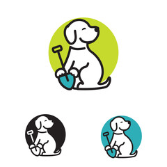 cartoon dog holding a small spade, shovel with its paw, poop scoop logo design