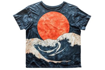 Stunning Japanese Wave Sun T Shirt a breathtaking ocean scene printed on soft dark blue fabric The design features a vibrant red sun on transparent background