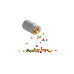 3D rendering of colorful pills spilling out from an open white pill bottle on a grey background