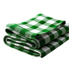 Folded green and white checkered tablecloth made of soft cotton fabric classic picnic or kitchen decor item with neat lines and clean finish isolated on transparent background