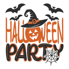 Halloween party design with pumpkin witch hat and bats decoration