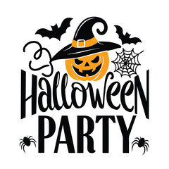 Halloween party illustration with pumpkin witch hat bats and spider web