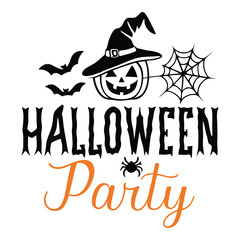 Halloween party invitation design with pumpkin witch hat bats and spiderweb