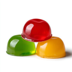 Fototapeta premium Three dome-shaped sugar-coated fruit jelly candies in red-orange bright green and yellow glossy and vibrant treats isolated on transparent background. isolated white background