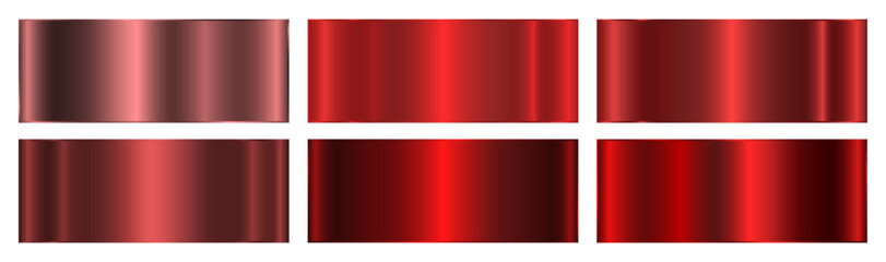 Obraz premium A set of six red metallic gradients on a black background. A collection of shiny metallic gradients. The texture of the foil. Vector EPS 10.