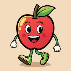 Groovy apple mascot. Funky retro character. cartoon apple, smiling, walking. Funny vintage trendy style character. Doodle Comic collection 