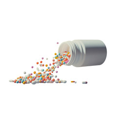 Colorful pills spilling out of an open white pill bottle
