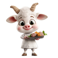 Naklejka premium Friendly cartoon goat character presenting a platter of delicious food in a cheerful manner