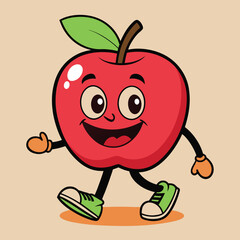 Groovy apple mascot. Funky retro character. cartoon apple, smiling, walking. Funny vintage trendy style character. Doodle Comic collection 