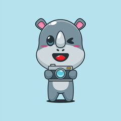 Naklejka premium Cute rhino cartoon vector illustration with camera
