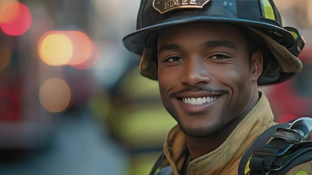 Smiling Firefighter: A portrait of a smiling African-American firefighter in uniform, showcasing his friendly and approachable demeanor.  The background features blurred city lights.