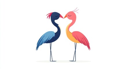 Obraz premium Two birds, a blue crane and a pink flamingo, facing each other in a loving embrace