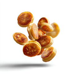 Multiple golden-brown mini pancakes fluffy and perfectly round floating in mid-air with light shadows beneath isolated on transparent background. isolated white background