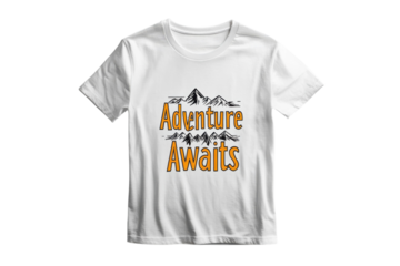 Adventure Awaits White T Shirt Design with Mountain Graphic and Bold Typography Clean Mockup on Black on transparent background