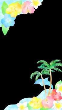 南の島と海とジャンプするイルカのカラフルな縦型フレーム。夏のバケーションの楽しさを詰め込んだ&alpha;付きループアニメーション。