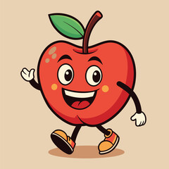 Groovy apple mascot. Funky retro character. cartoon apple, smiling, walking. Funny vintage trendy style character. Doodle Comic collection 