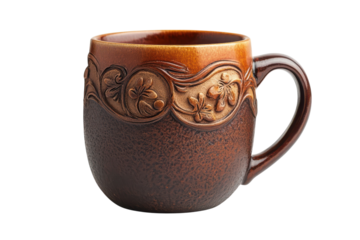 Exquisite handcrafted ceramic mug boasting a rich brown hue and intricate floral carvings offering a rustic charm perfect for on transparent background