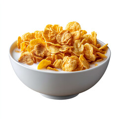 Crispy golden cornflakes in fresh milk served in white bowl breakfast cereal isolated on transparent background. isolated white background