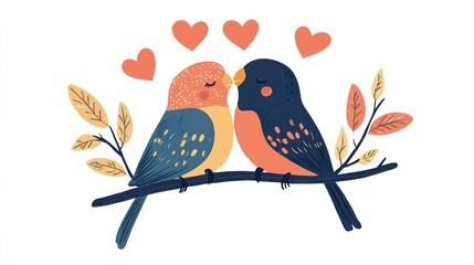 Two birds kissing on a branch, surrounded by hearts and leaves