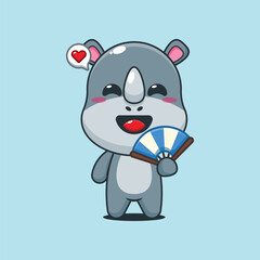Cute rhino cartoon vector illustration with hand fan
