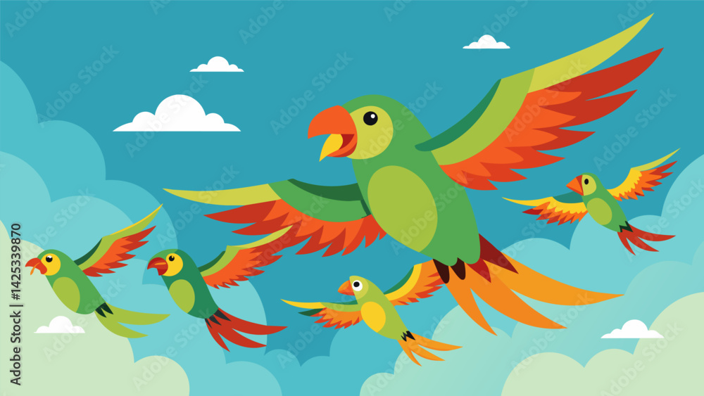 Poster a flock of propaganda parrots flying in formation screeching fearering messages to unsuspecting list
