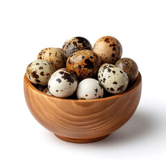 Obraz premium Wooden bowl filled with fresh speckled quail eggs smooth shells and natural pattern isolated on transparent background. isolated white background