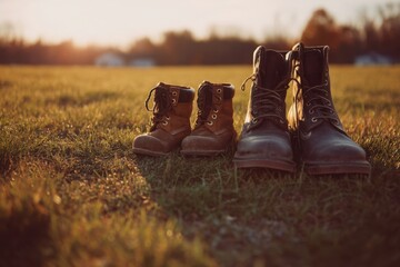 A pair of child-sized boots standing next to adult boots on green field, symbolic of legacy and future generations, warm light