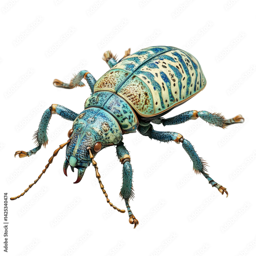 Poster brightly colored insect with intricate patterns crawls across a light surface in a studio setting du