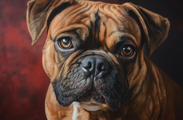 Photorealistic close-up of a stocky bulldog with a brilliant short coat and deep