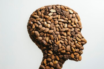 Human silhouette close up made from nut and seeds against background minimalism