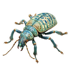 Fototapeta premium Brightly colored insect with intricate patterns crawls across a light surface in a studio setting during the day
