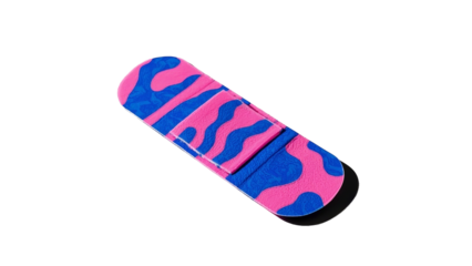 Skateboard deck with vibrant abstract design, wavy pink and blue pattern, trendy street style, artistic custom board, unique sports gear,  PNG file isolated on transparent background, cut out