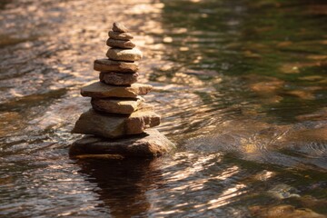 Fototapeta premium A simple stone stack (cairn) balanced in the middle of a river stream with rippling water and sunlight reflections
