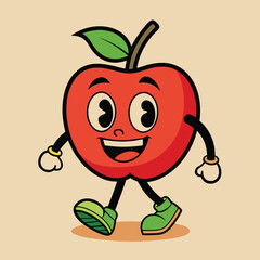 Groovy apple mascot. Funky retro character. cartoon apple, smiling, walking. Funny vintage trendy style character. Doodle Comic collection 