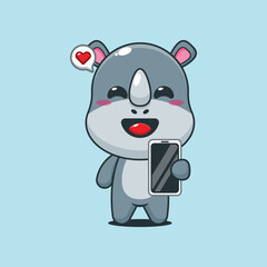 Fototapeta premium Cute rhino cartoon vector illustration with mobile phone