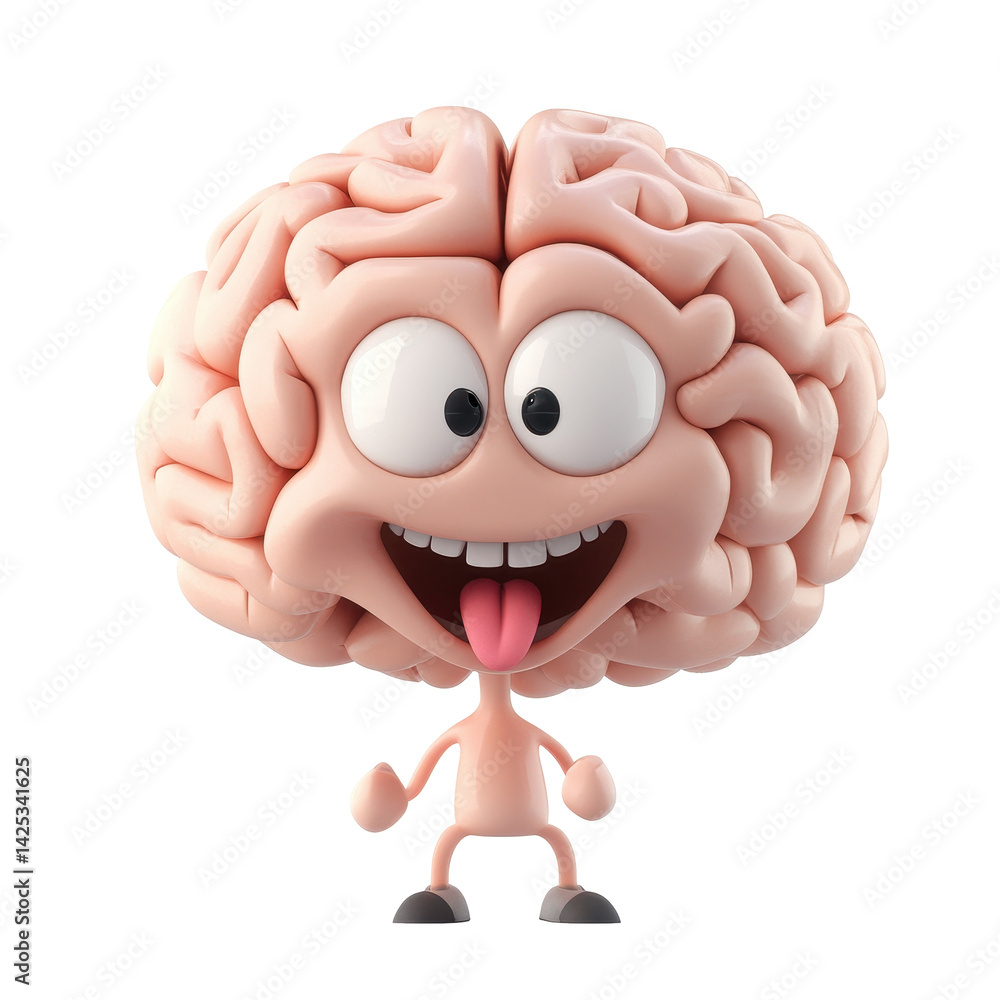 Poster cartoon brain character with happy expression standing on two legs and smiling